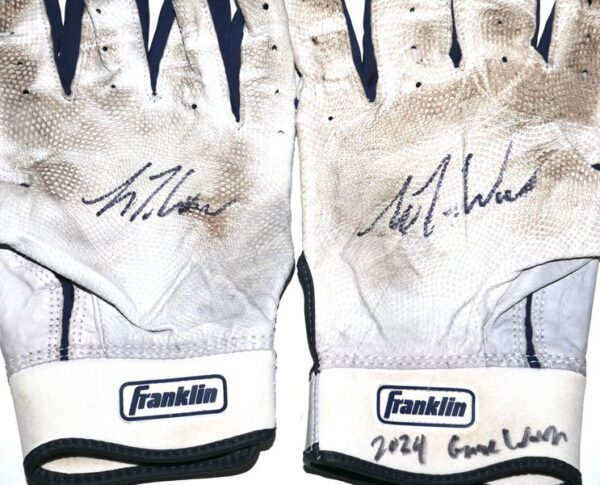 Luke Waddell 2024 Gwinnett Stripers Game Worn & Signed White & Blue Franklin Batting Gloves