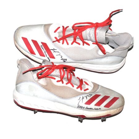 Logan O’Hoppe 2024 Los Angeles Angels #14 Game Worn & Signed Grey, Tan & Red Adidas Three Stripe Life Baseball Cleats