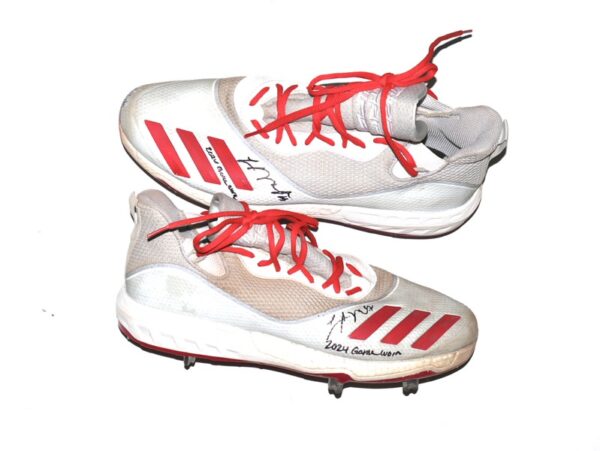 Logan O’Hoppe 2024 Los Angeles Angels #14 Game Worn & Signed Grey, Tan & Red Adidas Three Stripe Life Baseball Cleats