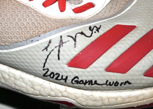 Logan O’Hoppe 2024 Los Angeles Angels #14 Game Worn & Signed Grey, Tan & Red Adidas Three Stripe Life Baseball Cleats