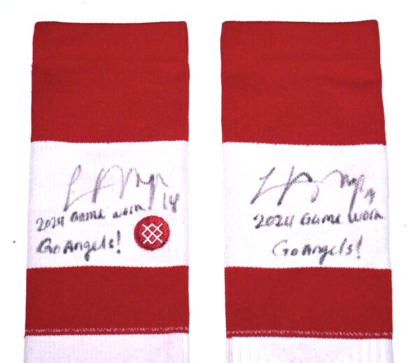 Logan O’Hoppe 2024 Los Angeles Angels Game Worn & Signed Go Angels! Red & White Stance MLB Socks