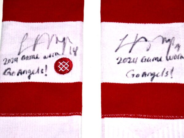 Logan O’Hoppe 2024 Los Angeles Angels Game Worn & Signed Go Angels! Red & White Stance MLB Socks