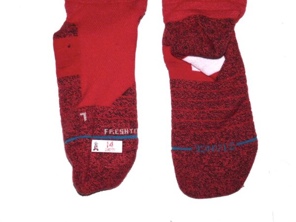 Logan O’Hoppe 2024 Los Angeles Angels Game Worn & Signed Go Angels! Red & White Stance MLB Socks