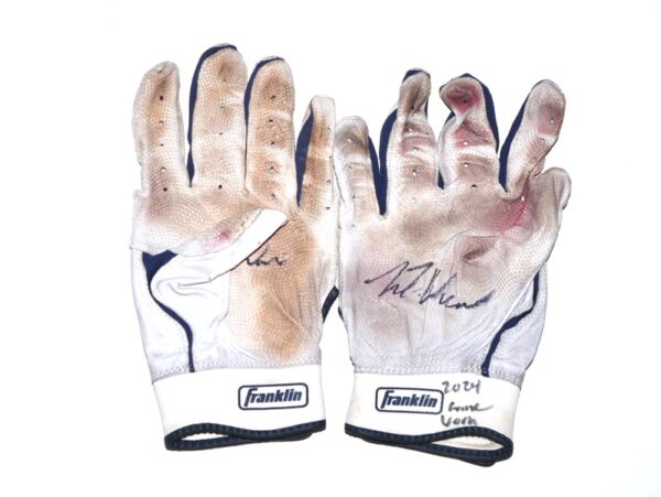 Luke Waddell 2024 Gwinnett Stripers Game Worn & Signed White & Blue Franklin Batting Gloves