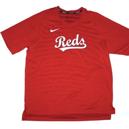 Stuart Fairchild 2024 Pregame Worn Official Cincinnati Reds Nike Authentic Collection Raglan Performance V-Neck T-Shirt