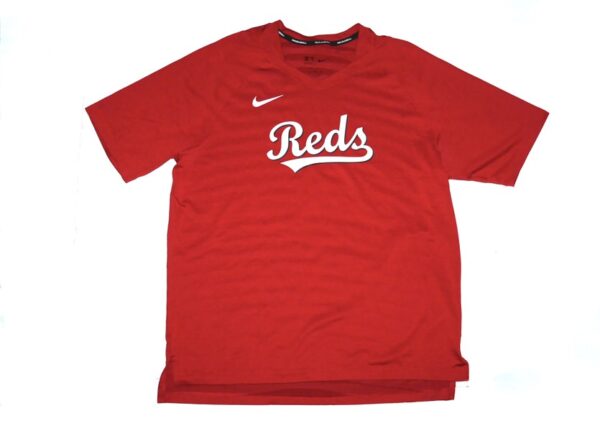 Stuart Fairchild 2024 Pregame Worn Official Cincinnati Reds Nike Authentic Collection Raglan Performance V-Neck T-Shirt