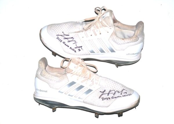 Logan O’Hoppe 2023 Los Angeles Angels #14 Game Worn & Signed White & Silver Adidas Ultraboost Cleats