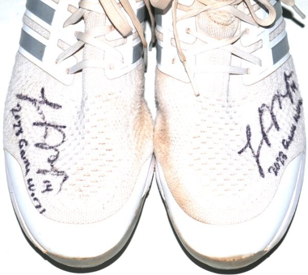 Logan O’Hoppe 2023 Los Angeles Angels #14 Game Worn & Signed White & Silver Adidas Ultraboost Cleats