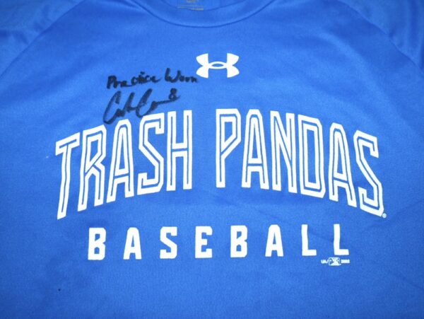 Coleman Crow Practice Worn & Signed Official Blue Rocket City Trash Pandas Baseball Under Armour Shirt