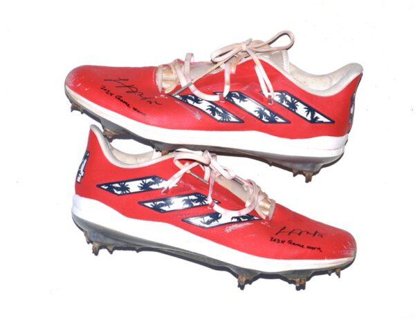 Logan O’Hoppe 2024 Los Angeles Angels Game Worn & Signed Custom Adidas Adizero Palm Trees #14 Baseball Cleats - Worn Multiple Games! One of Kind, Hand-Painted by Lucia Footwear!