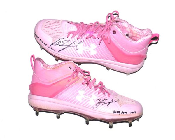 TJ Rumfield 2024 Scranton/Wilkes-Barre RailRiders Game Worn & Signed Pink Under Armour Baseball Cleats - Designed by UA for Mothers Day!