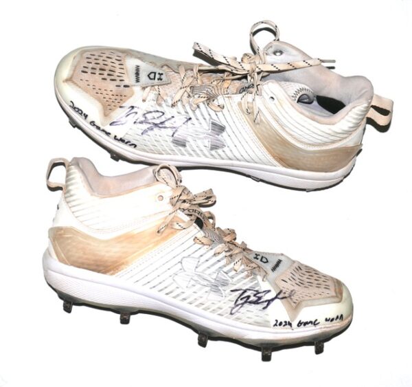 TJ Rumfield 2024 Scranton Wilkes-Barre RailRiders Game Worn & Signed White & Silver Under Armour Baseball Cleats